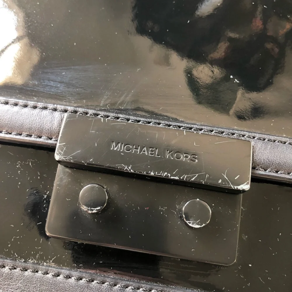 Michael Kors Callie All Black Patent Leather Lambskin Satchel Handbag Crossbody - Picture 4 of 14